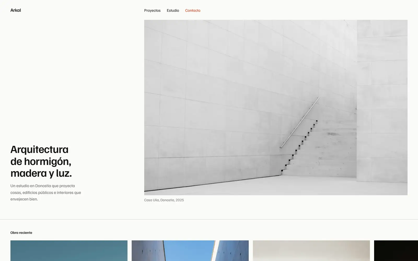 The Arkal homepage: a full-width photograph of white concrete stairs under a small, precise headline
