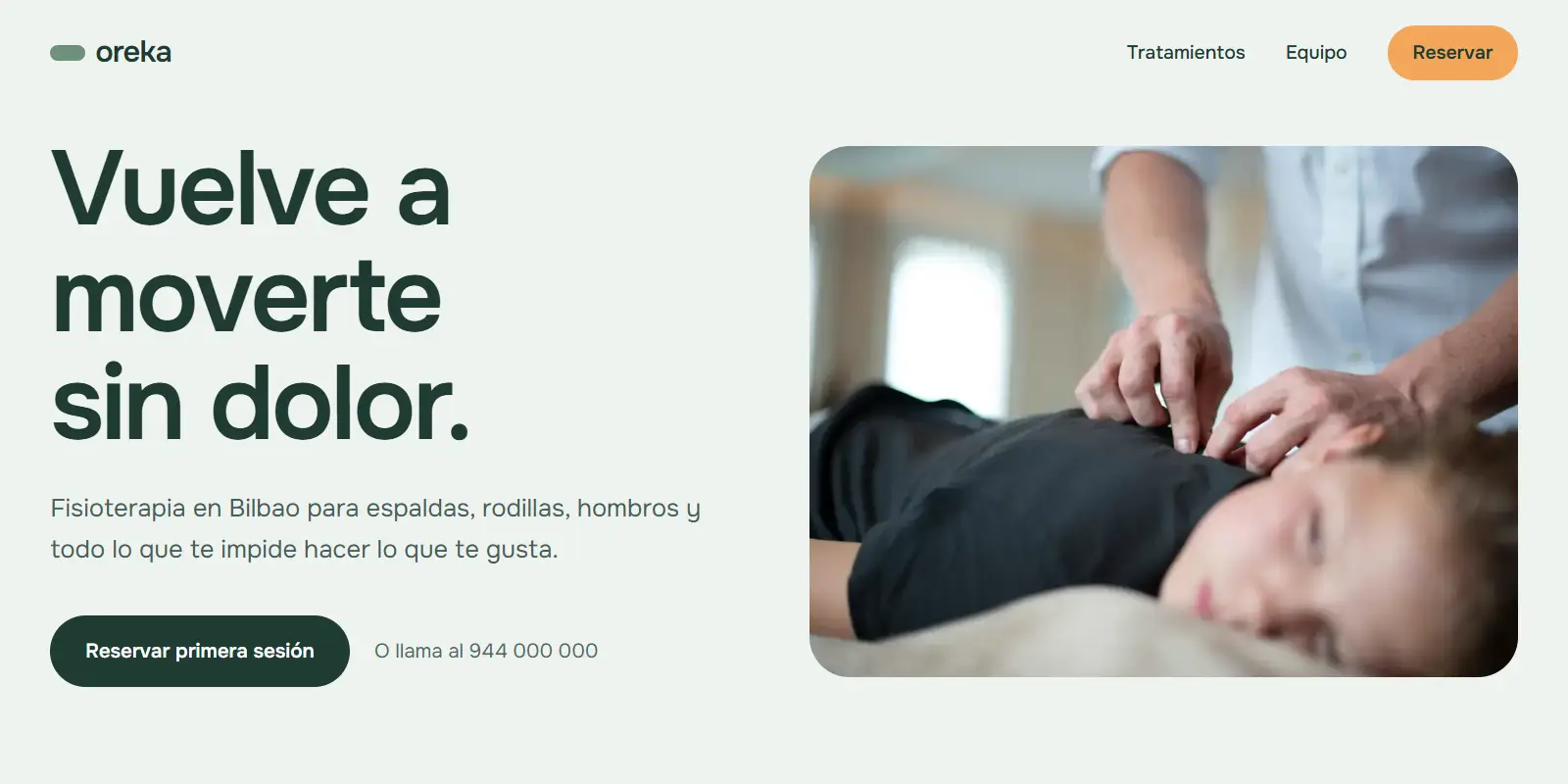 The Oreka homepage: a physiotherapist treating a patient beside a calm headline and a booking button