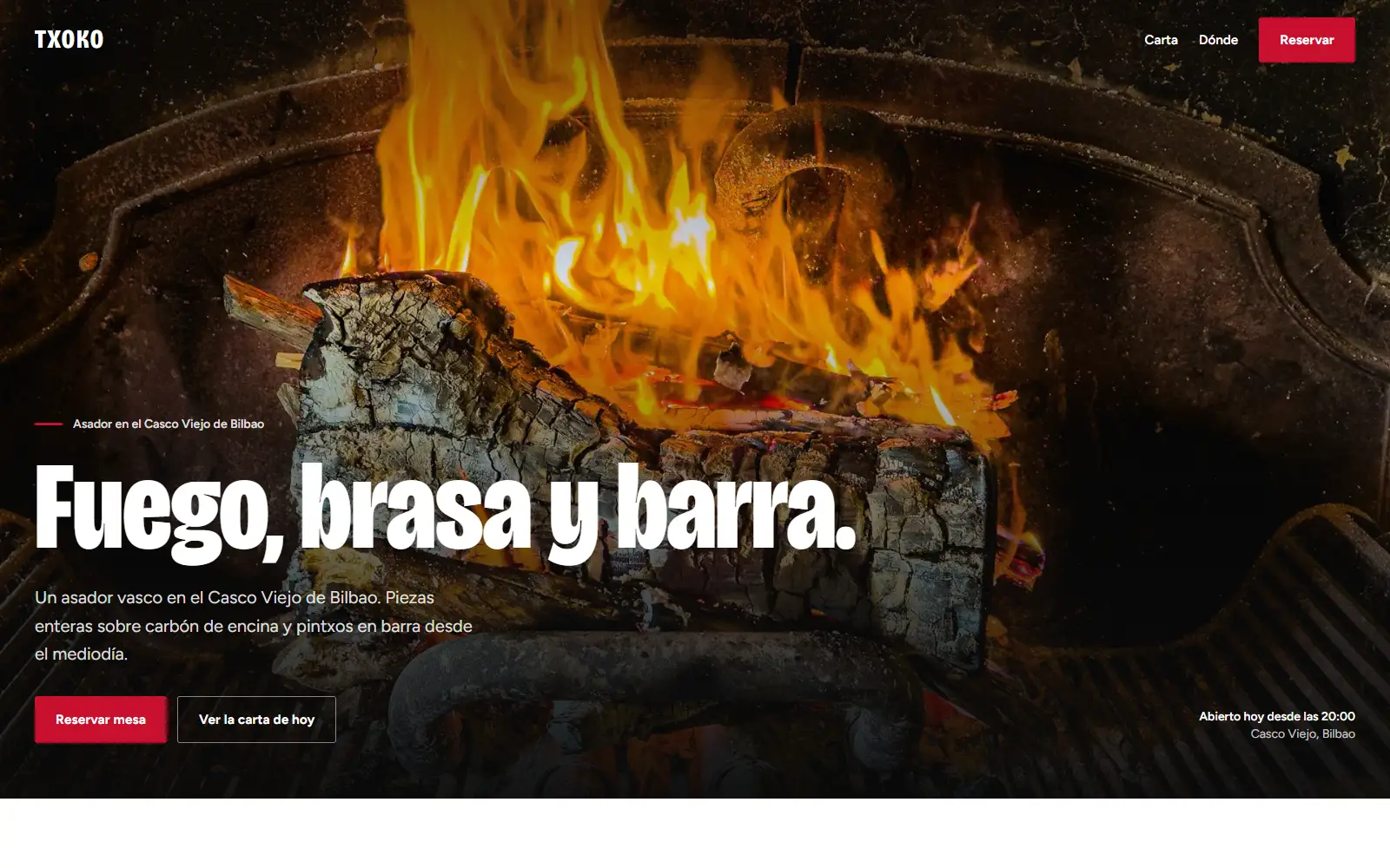 The Txoko homepage: a charcoal grill in flames beside the headline and a table booking panel