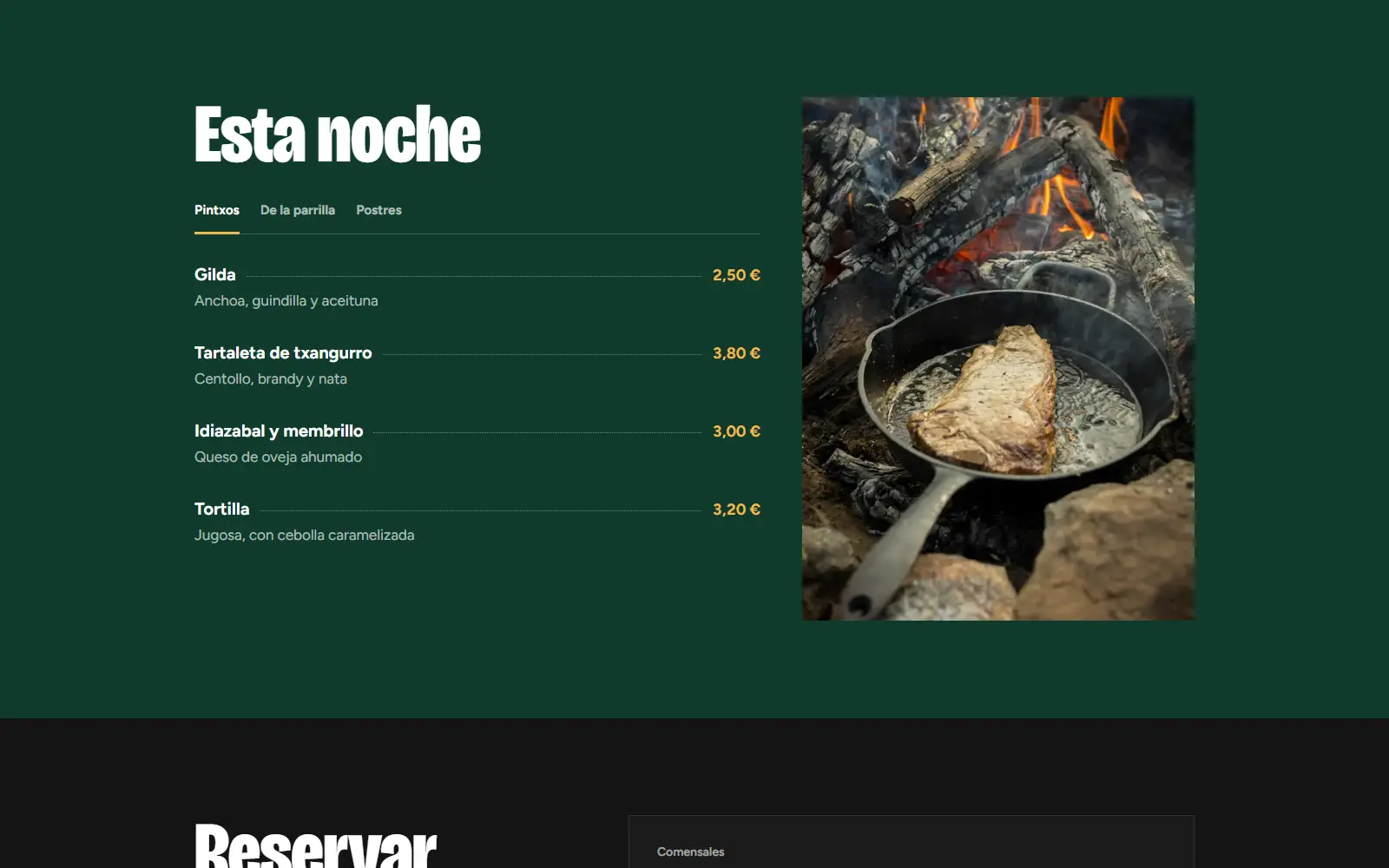 Carta de Txoko con pestañas de pintxos, parrilla y postres